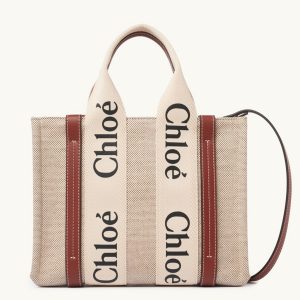 Contrefaçon Chloe Petit Sac Cabas Woody en toile avec bandes en cuir brun