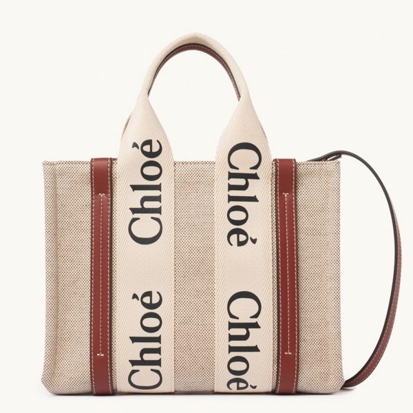 Contrefaçon Chloe Petit Sac Cabas Woody en toile avec bandes en cuir brun