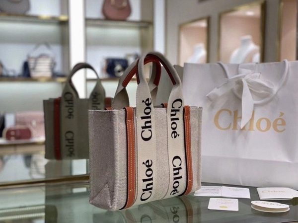 Contrefaçon Chloe Petit Sac Cabas Woody en toile avec bandes en cuir brun – Image 2