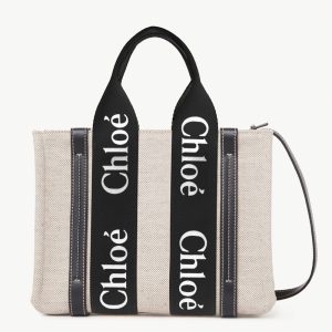 Fausse Chloe Petit Sac Cabas Woody en toile avec bandes en cuir noir