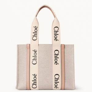 Fausse Chloe Sac Cabas Woody Moyen en toile avec bandes en cuir beige