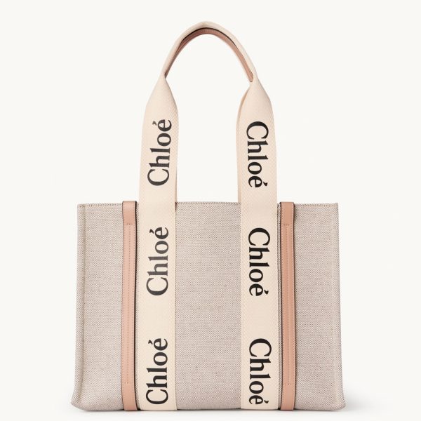 Fausse Chloe Sac Cabas Woody Moyen en toile avec bandes en cuir beige
