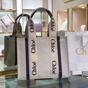Contrefaçon Chloe Sac Cabas Woody Moyen en toile avec bandes en cuir bleu