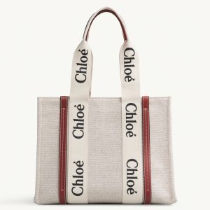 Fausse Chloe Sac Cabas Woody Moyen en toile avec bandes en cuir brun