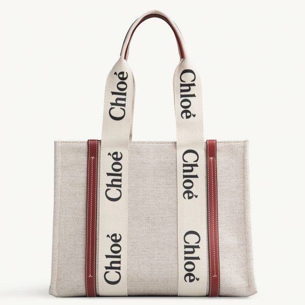 Fausse Chloe Sac Cabas Woody Moyen en toile avec bandes en cuir brun
