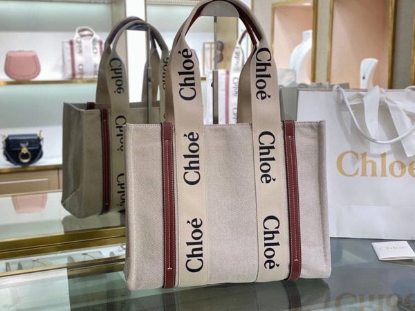 Fausse Chloe Sac Cabas Woody Moyen en toile avec bandes en cuir brun – Image 5
