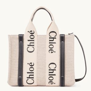 Réplique Chloe Petit Sac Cabas Woody en toile avec bandes en cuir bleu
