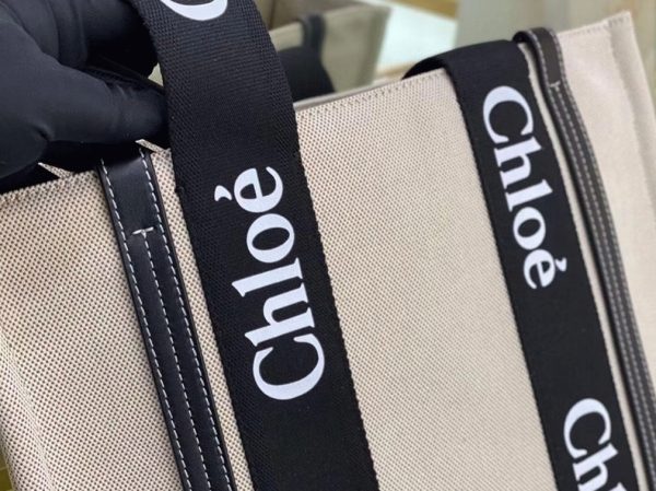 Réplique Chloe Grand Sac Cabas Woody en toile avec bandes en cuir noir – Image 10