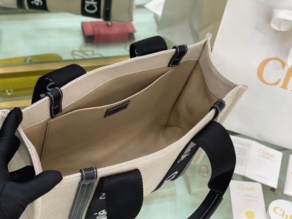 Réplique Chloe Grand Sac Cabas Woody en toile avec bandes en cuir noir – Image 6
