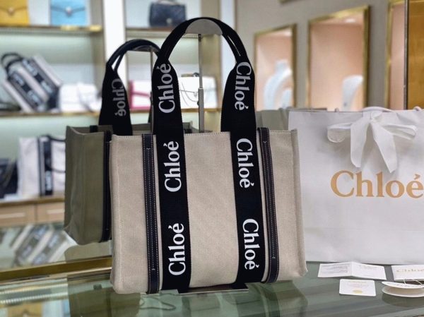 Réplique Chloe Grand Sac Cabas Woody en toile avec bandes en cuir noir – Image 5