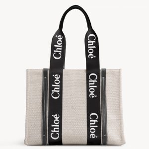Réplique Chloe Grand Sac Cabas Woody en toile avec bandes en cuir noir