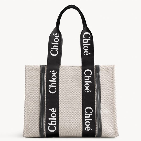 Réplique Chloe Grand Sac Cabas Woody en toile avec bandes en cuir noir