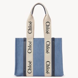 Contrefaçon Chloe Sac Cabas Woody Moyen en denim de récupération