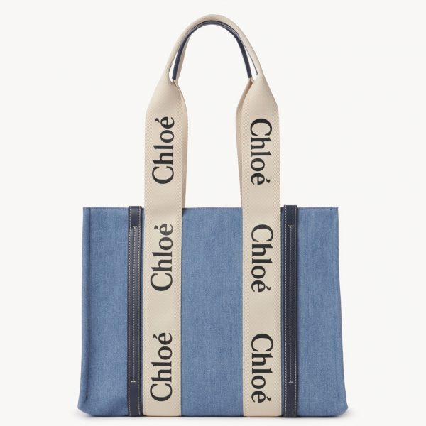 Contrefaçon Chloe Sac Cabas Woody Moyen en denim de récupération