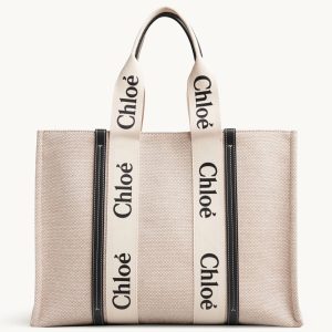 Fausse Chloe Grand Sac Cabas Woody en toile avec bandes en cuir bleu