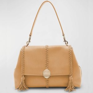 Fausse Chloe Sac Bandoulière Penelope Moyen en cuir de veau grainé beige