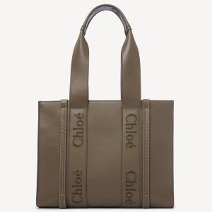Fausse Chloe Sac Cabas Woody Moyen en cuir de veau vert armée