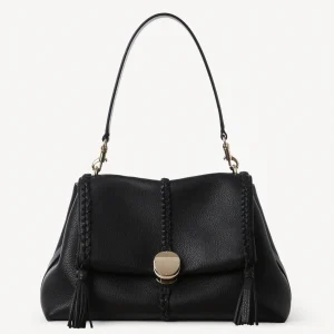 Contrefaçon Chloe Sac Bandoulière Penelope Moyen en cuir de veau grainé noir
