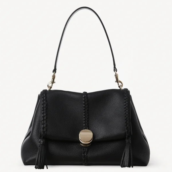 Contrefaçon Chloe Sac Bandoulière Penelope Moyen en cuir de veau grainé noir