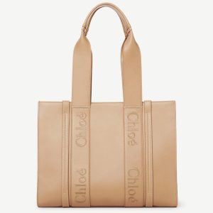 Contrefaçon Chloe Sac Cabas Woody Moyen en cuir de veau beige