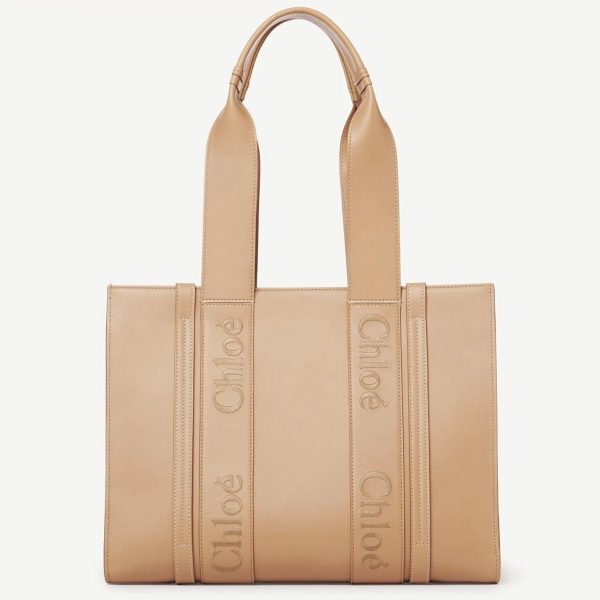 Contrefaçon Chloe Sac Cabas Woody Moyen en cuir de veau beige