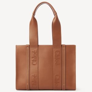 Fausse Chloe Sac Cabas Woody Moyen en cuir de veau brun