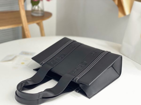 Imitation Chloe Sac Cabas Woody Moyen en cuir de veau noir – Image 9
