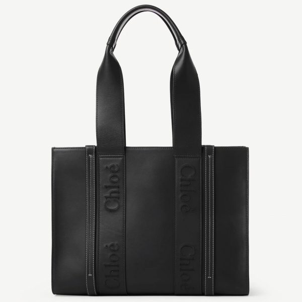 Imitation Chloe Sac Cabas Woody Moyen en cuir de veau noir