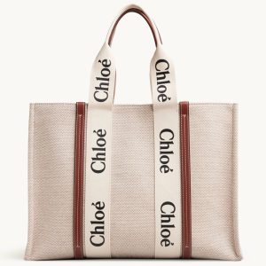 Imitation Chloe Grand Sac Cabas Woody en toile avec bandes en cuir brun