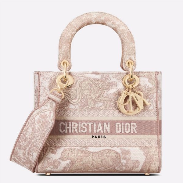 Réplique Sac Lady D-Lite Medium en broderie Toile de Jouy rose
