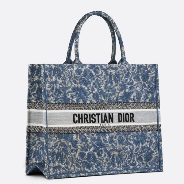 Réplique Sac Dior Book Tote Large en broderie effet denim Brocart bleue