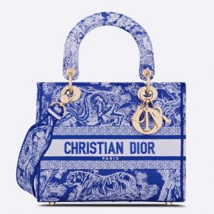 Fausse Sac Lady D-Lite Medium en broderie Toile de Jouy inversée bleu fluorescent