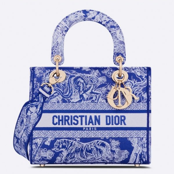 Fausse Sac Lady D-Lite Medium en broderie Toile de Jouy inversée bleu fluorescent