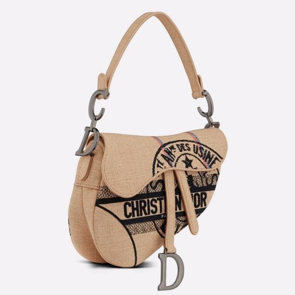 Contrefaçon Sac Saddle Dior en toile de jute beige avec motif Dior Union