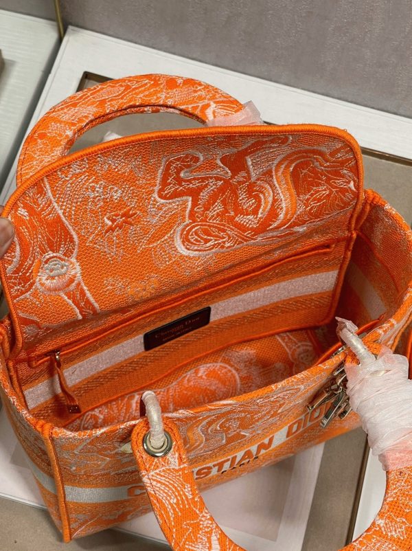 Fausse Sac Lady D-Lite Medium en broderie Toile de Jouy inversée orange fluorescent – Image 9