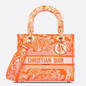 Fausse Sac Lady D-Lite Medium en broderie Toile de Jouy inversée orange fluorescent