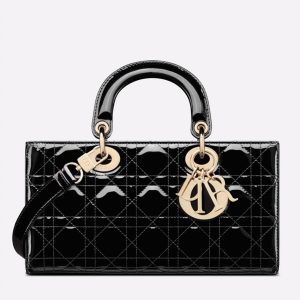 Faux Sac Lady D-Joy Medium en veau noir verni cannage