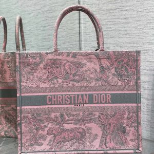 Fausse Sac Dior Book Tote Large en broderie Toile de Jouy Sauvage rose et grise