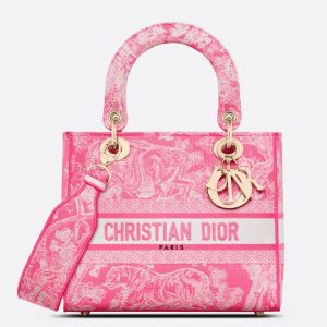 Réplique Sac Lady D-Lite Medium en broderie Toile de Jouy inversée rose fluorescent