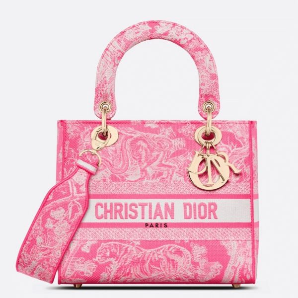 Réplique Sac Lady D-Lite Medium en broderie Toile de Jouy inversée rose fluorescent
