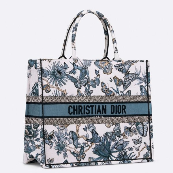 Réplique Sac Dior Book Tote Large en broderie Mexico Toile de Jouy blanc et bleu