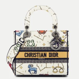 Fausse Sac Lady D-Lite Medium en broderie Zodiac Pixel blanche