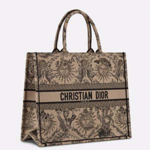 Réplique Sac Dior Book Tote Large en broderie Soleil Toile de Jouy beige