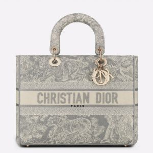 Sac Lady D-Lite Large en broderie Toile de Jouy inversée grise