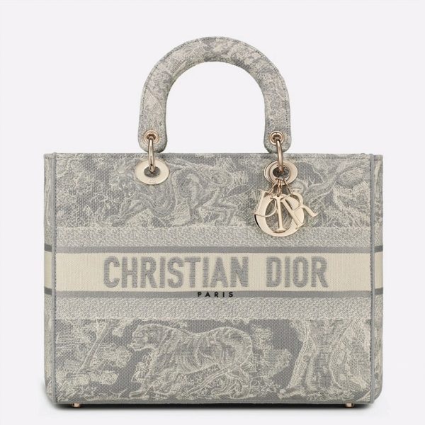 Sac Lady D-Lite Large en broderie Toile de Jouy inversée grise