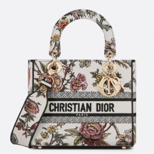 Fausse Sac Lady D-Lite Medium en broderie Jardin Botanique blanche