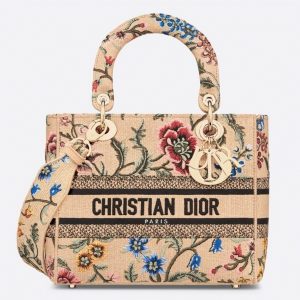 Fausse Sac Lady D-Lite Medium en broderie raphia beige avec Petites Fleurs Dior