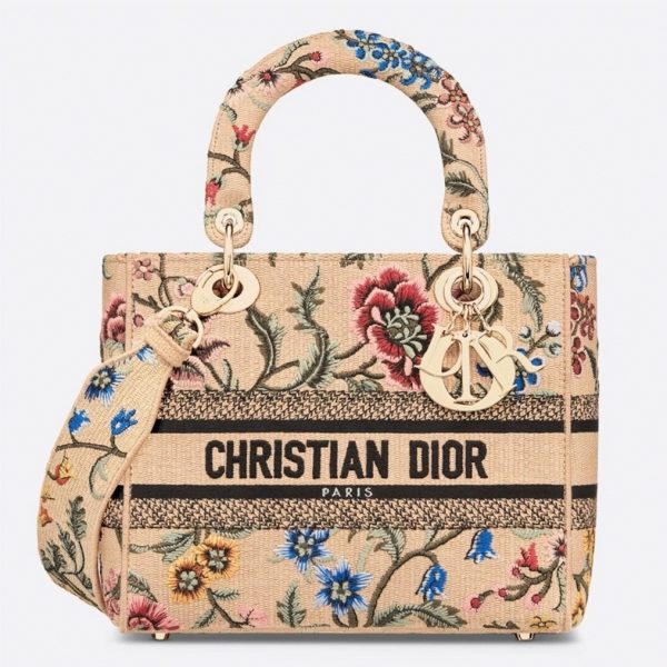 Fausse Sac Lady D-Lite Medium en broderie raphia beige avec Petites Fleurs Dior