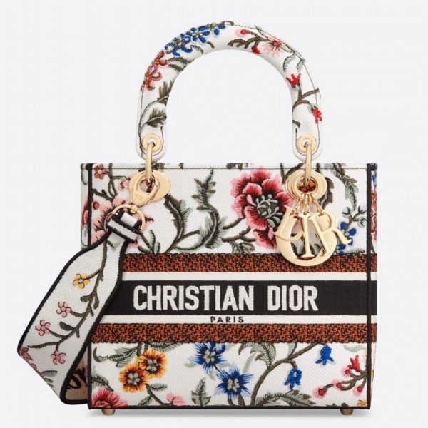 Fausse Sac Lady D-Lite Medium en broderie Petites Fleurs Dior blanche