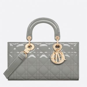 Fausse Sac Lady D-Joy Medium en veau gris verni cannage